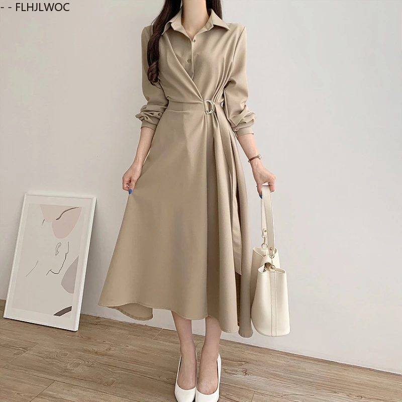 시크한 한국 의류 여성 기질 오피스룩 우아한 기본 무지 빈티지 레이스업 셔츠 드레스 여성스러운 베스티도스