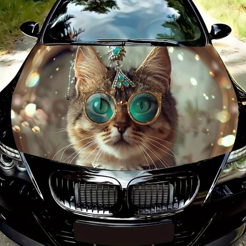 

Green Gemstone Cat with Glasses, Art, Gift; Function, Object, Car Hood Decal - Durable Vinyl Sticker, Suitable for Most Vehicles