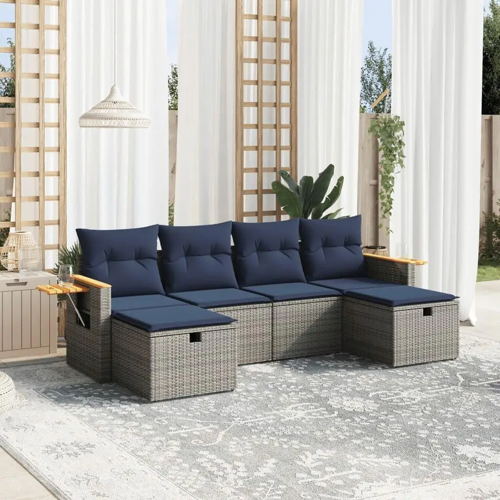

6 Piece Gray Poly Rattan Patio Sofa Set with Cushions Outdoor Furniture Garden Seating