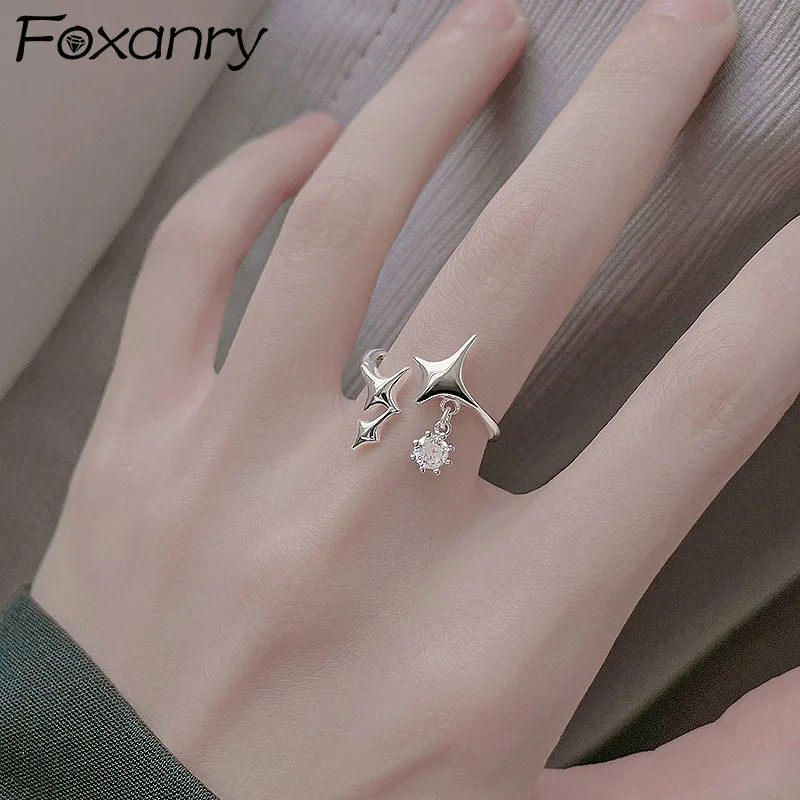 Foxanry Star Geometric Zircon Pendant Open Rings For Women Girls Korean Fashion Elegant Sweet Gentle Anniversary Jewelry Gifts