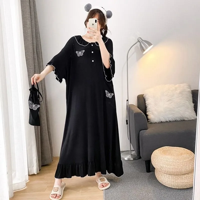 150kg Extra Large Size Loose Home Dress with Pocket Princess Style Maxi Nightdress Summer Short Sleeve Maternity Loungewear 4XL