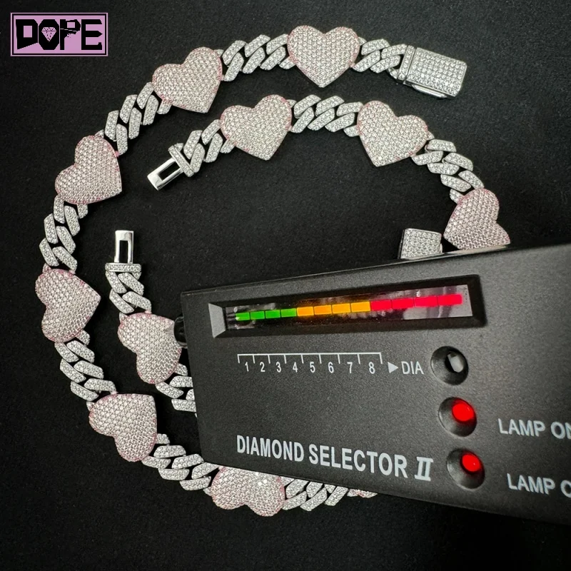Design New Iced Out VVS 10mm Hiphop Heart Cuban Necklace 925 Sterling Silver Dazzling Moissanite Cuban Chain
