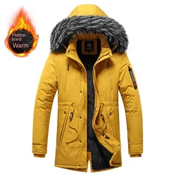 Mens Winter Long Parkas Jackets Mens Casual Slim Fur Collar Hooded Down Coats Multi Pocket Outdoor Thicken Warm Windbreaker Tops