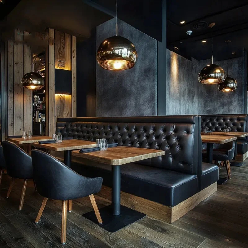 custom.Steakhouse Style Fast Food Pub Coffee Shop Furniture Dining Table Set Solid Wood Black Club Booth Seating Banquett