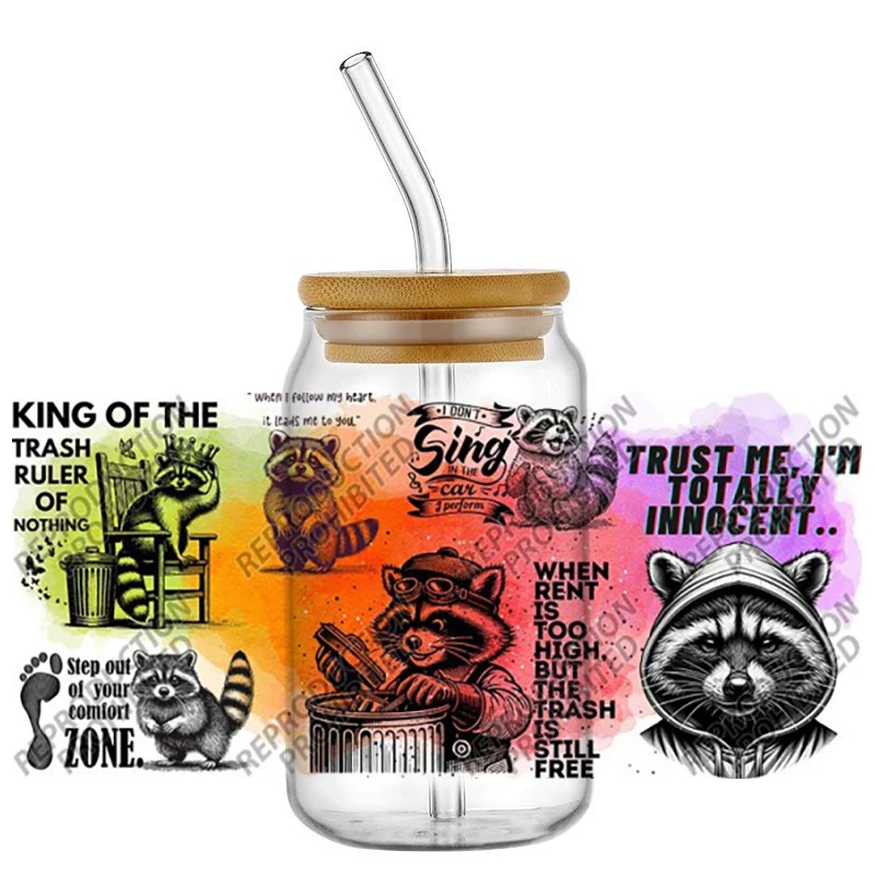 

High Quality 3D Funny Raccoon Design Transfer Sticker DIY 16oz Libbey Glasses Cartoon Cute Animal UV DTF Cup Wrap