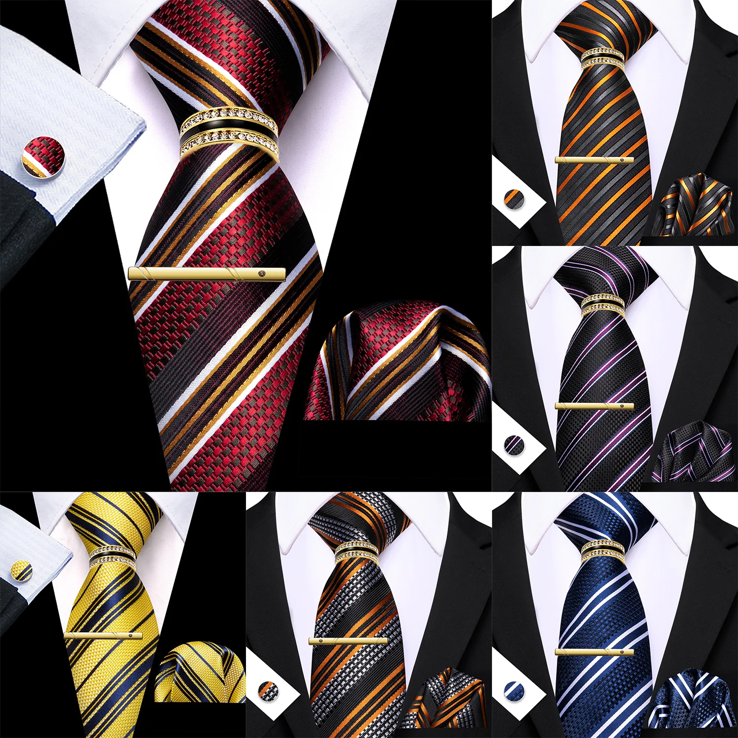 

Mens Tie Red Blue Golden Purple Ties Striped Tie Hanky Cuffinks Ring Clip Necktie Set Wedding Party