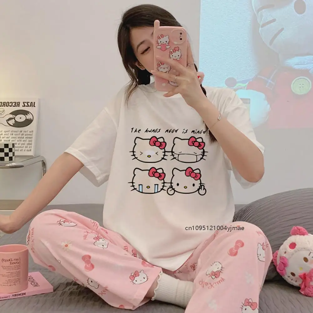 Summer 2Pcs Hello Kitty Cinnamoroll Woman Pajamas Kawaii Anime Sanrio Cartoon Loose Casual Pajamas Girl Short Sleeve Home Wear