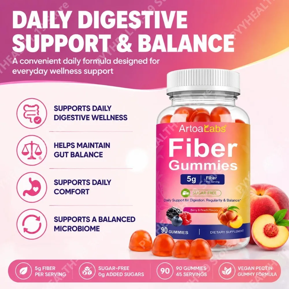 Fiber Gummies 5g by ArtoaLabs Sugar-Free Vegan Pectin 90 Count Berry Peach Flavor Supports Daily Digestive Comfort Gut Balance