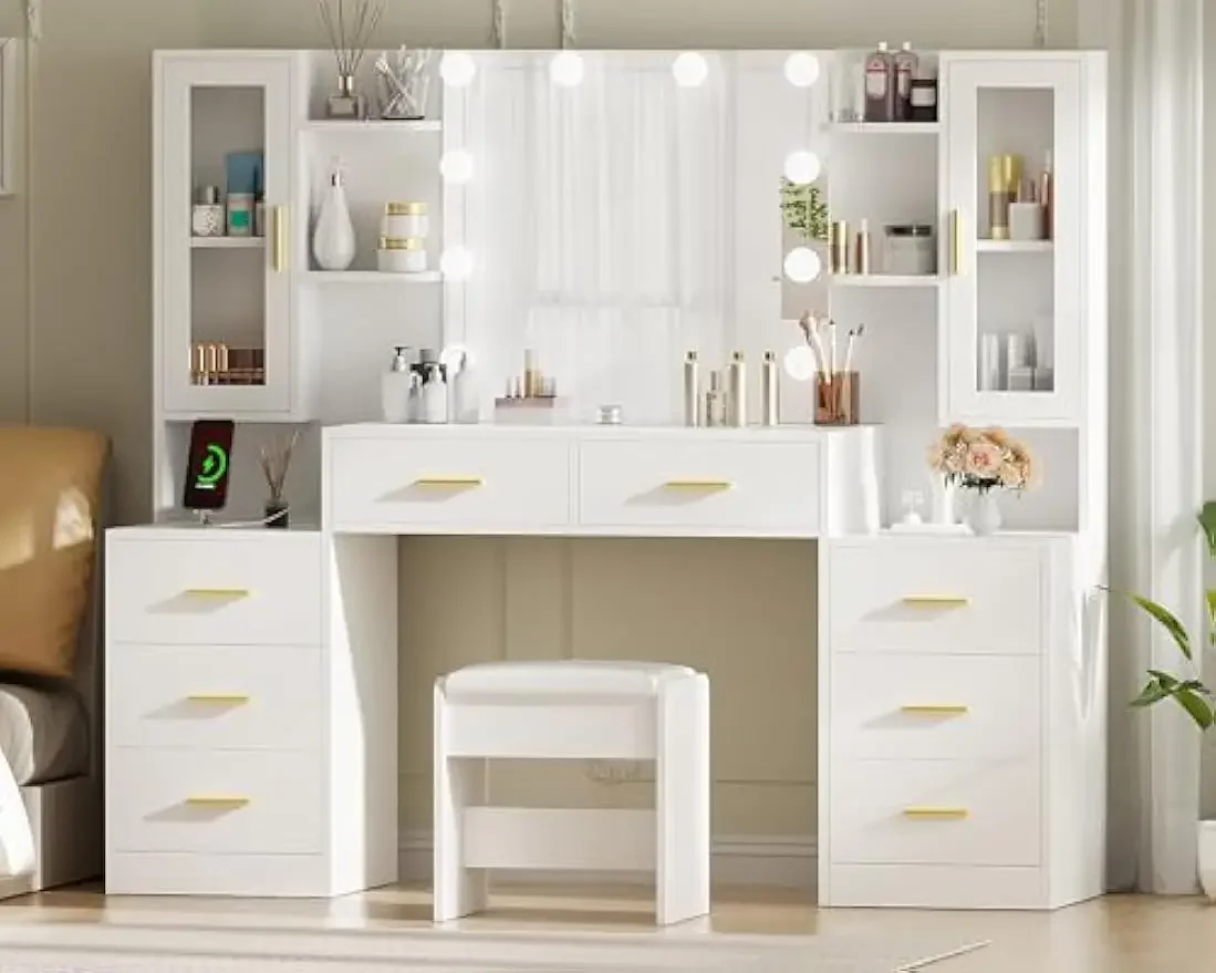 [سعر مخفض! ] طاولة مكتب كبيرة مقاس 5.5 بوصة مع مرآة وأضواء مكياج بيضاء مع مخرج طاقة و8 أدراج 3 أضواء