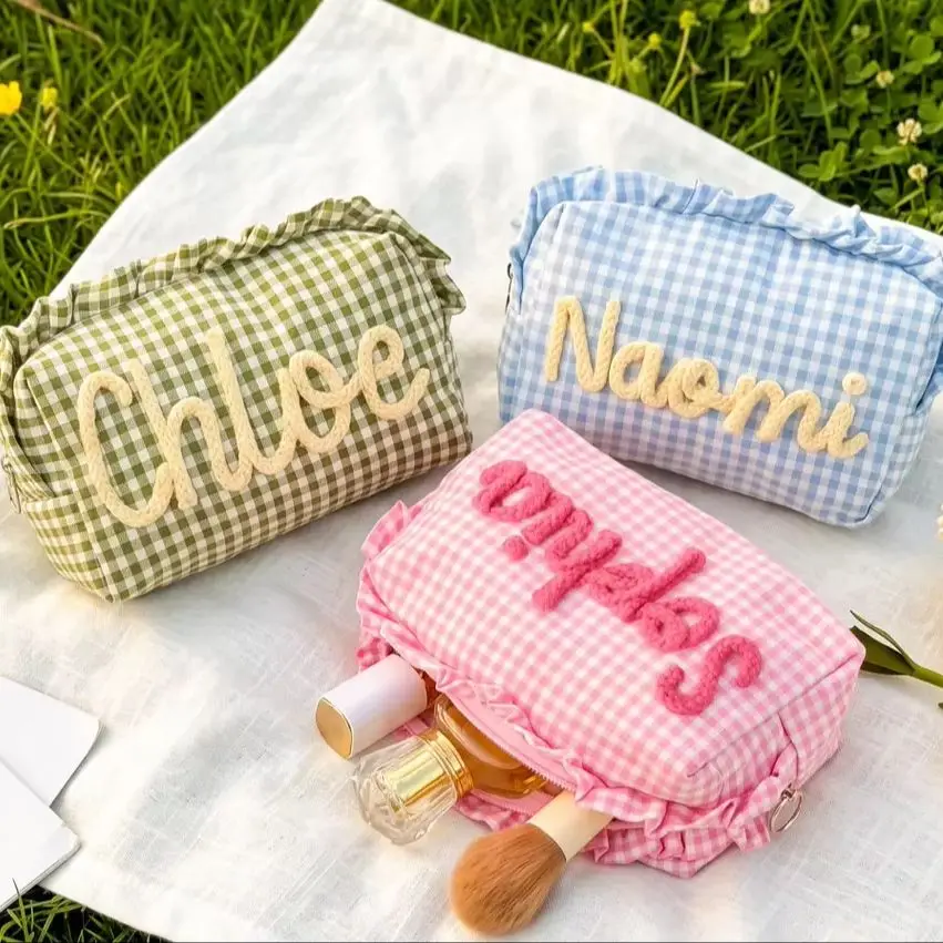 Personalized Gingham Ruffle Makeup Bag, Custom Name Cosmetic Bag, Bridal Party Favor