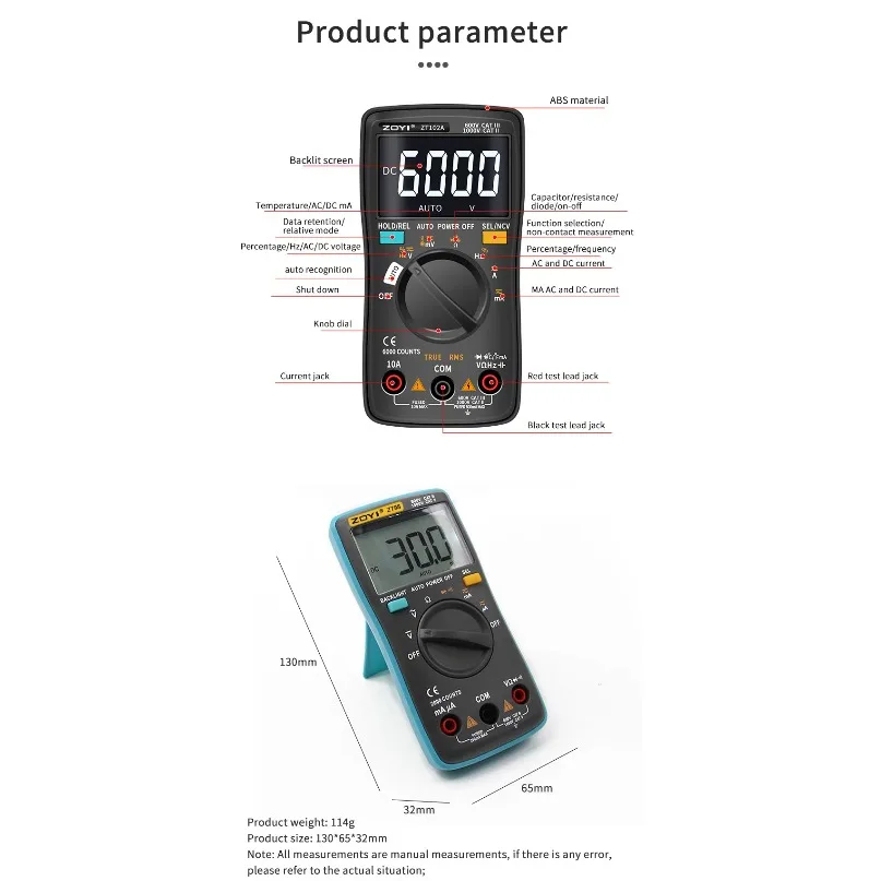 1pc New ZOYI Digital Multimeter ZT-98/100/101/102/102A Auto Ranging 6000 Counts AC/DC Ammeter Voltmeter Ohm Hz#familitrade