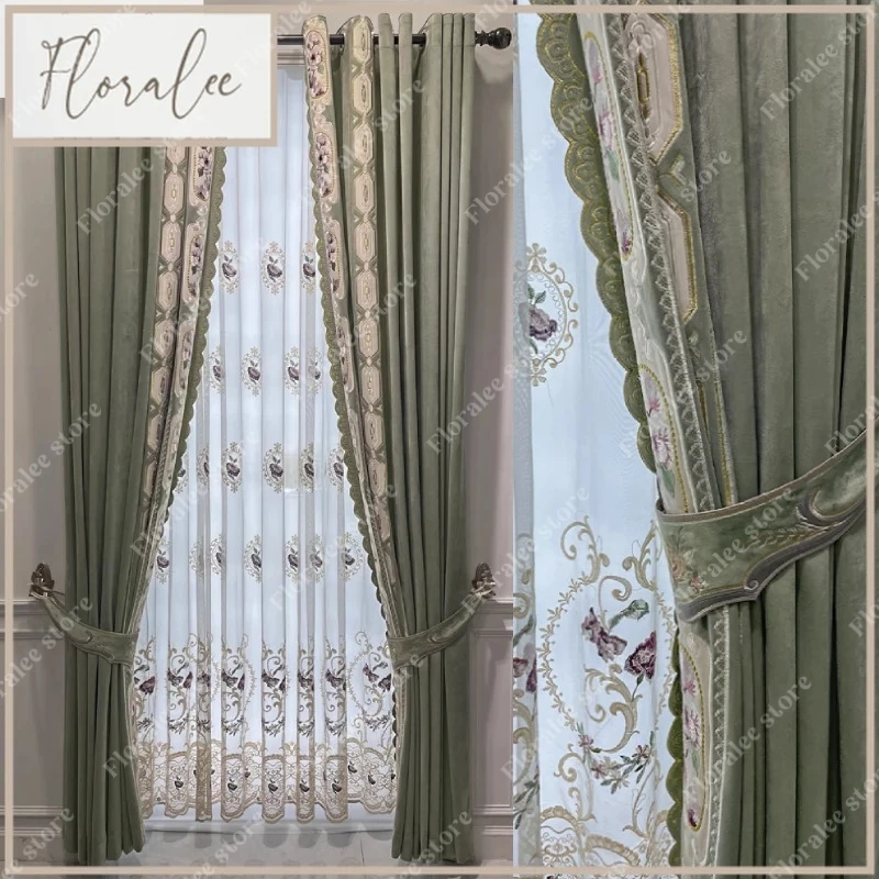 Villa Custom Embroidered Window Screen Green Velvet Thickened Curtains For Living Room Bedroom French Window Balcony Custom