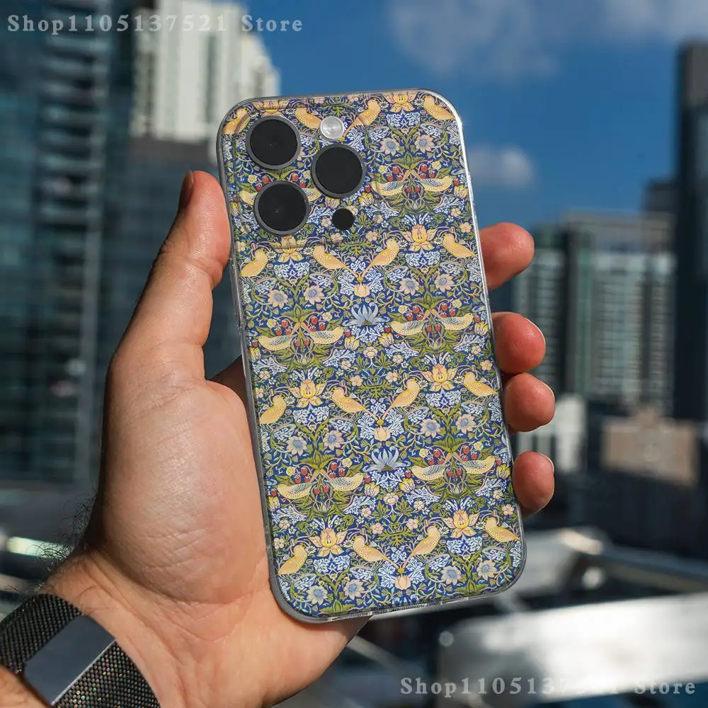 Coque de téléphone William Morris Strawberry Thief pour iPhone17,16,15,14,13,12,11 Pro,Max,Plus,X,XS,XR,SE4,E Mini couverture souple transparente