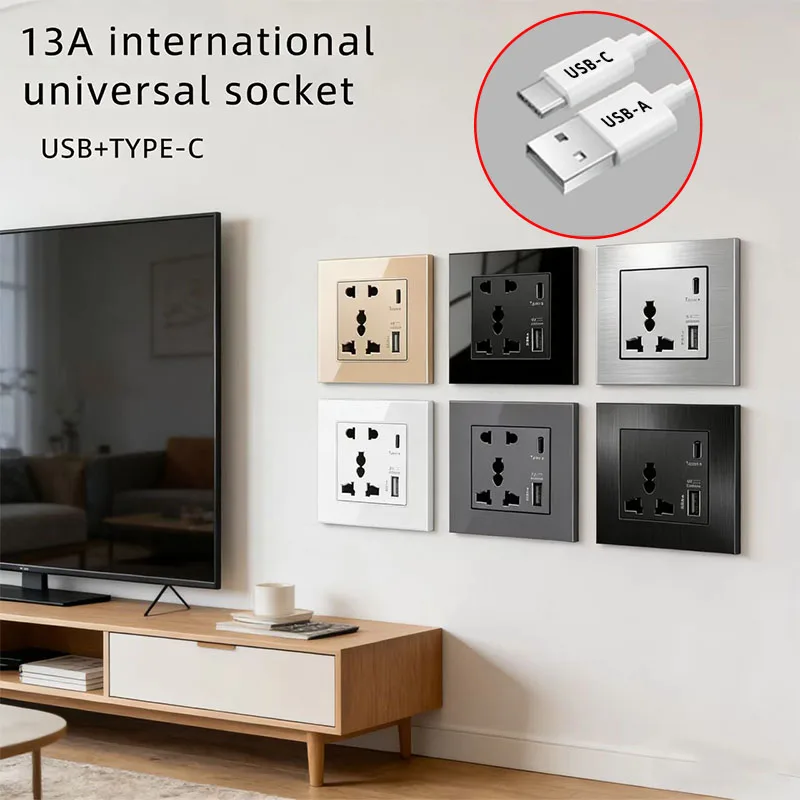

International Universal Five-Hole USB Wall Socket, 18W Type-C USB Plug Adapter, Smart Charging Grey/Black/White/Gold AC110V-250V