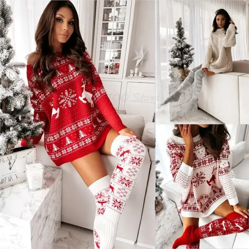 Medias navideñas para mujer, medias largas de punto para niñas y mujeres, calcetines cortos de punto para invierno, calcetines por encima de la rodilla hasta el muslo