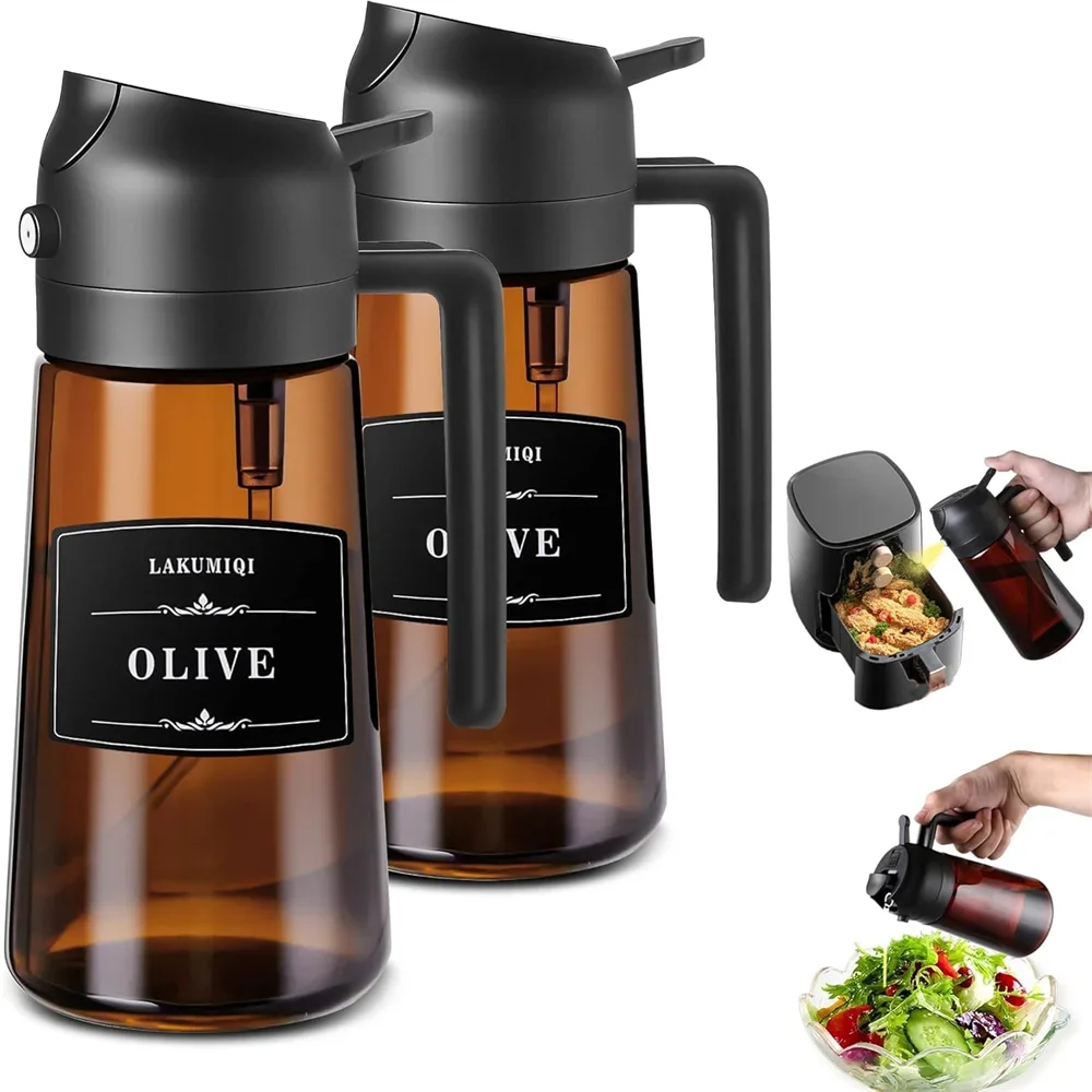 1pc 2-in-1 Glass Oil Sprayer & Dispenser, 16oz Leakproof Olive Oil Bottle for Cooking, Air Fryer, Salad, BBQ Seasoning Box