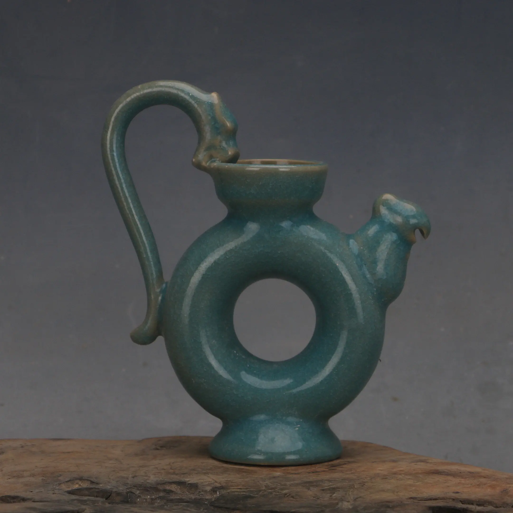 Handmade Song Style Ru Ware Celadon Ice Crackle Dragon Phoenix Ewer Spur Marks Chinese Porcelain Home Decor
