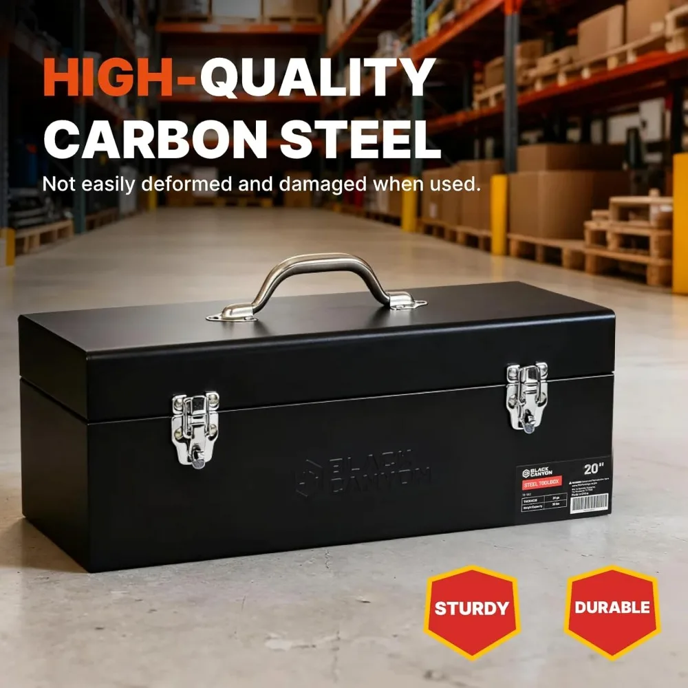 20 Inch Steel Tool Box, Carbon Steel, Portable & Padlockable, Durable for Trailer, Mechanic, DIY-ers, Car Toolbox, Workshops