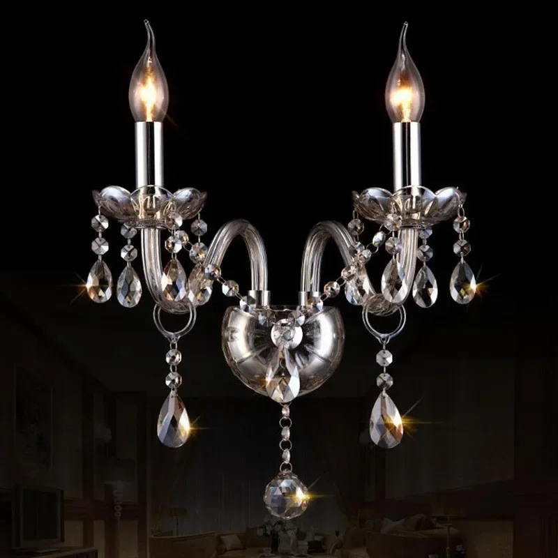 

European Style Simple Crystal Bedroom Single And Double Head Transparent TV Living Room Wall Light