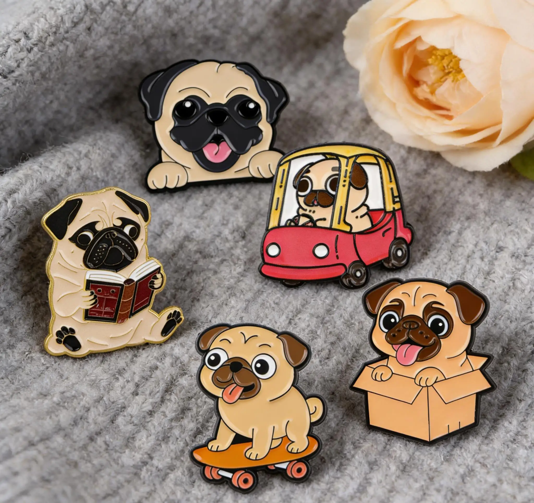 Lot de 5 épingles en émail Pug coquin, broches en métal pour animaux de compagnie, badges pour sac à dos, chapeau, sac, col, revers, bijoux de mode pour hommes et femmes, collection, cadeau