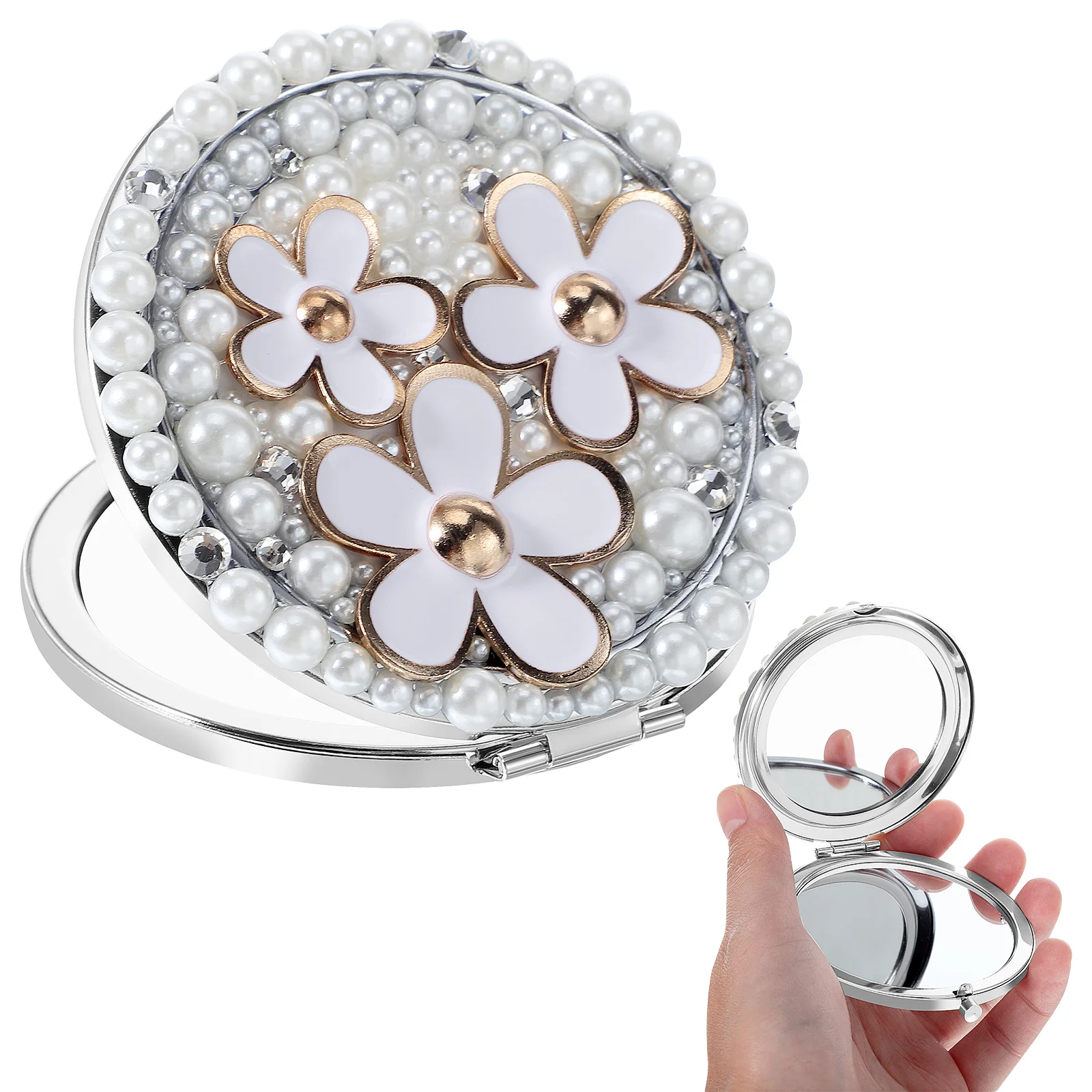 

Portable Mirror Pocket For Women Daisy Small Glass Lenses Metal Mini Compact Purse