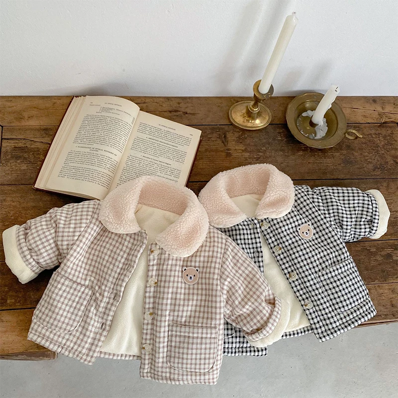 

Baby Clothes Autumn Winter New Girls Boys Quilted Jacket Thick Long Sleeve Plaid Coat Temperament Fashionable Kids Cardigan Coat