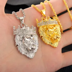 Crown Lion Head Men's Necklace Fashion Hip Hop Luminous Necklace Inlaid Hao Stone Metal Punk Party Pendant Necklace Wholesale