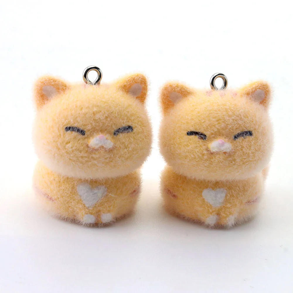 Diy 20Pcs 3D Flocked Orange Cat Resin Charms Cartoon Kitty Pendant for Keychain Necklace Crafts Accessories Making Materia