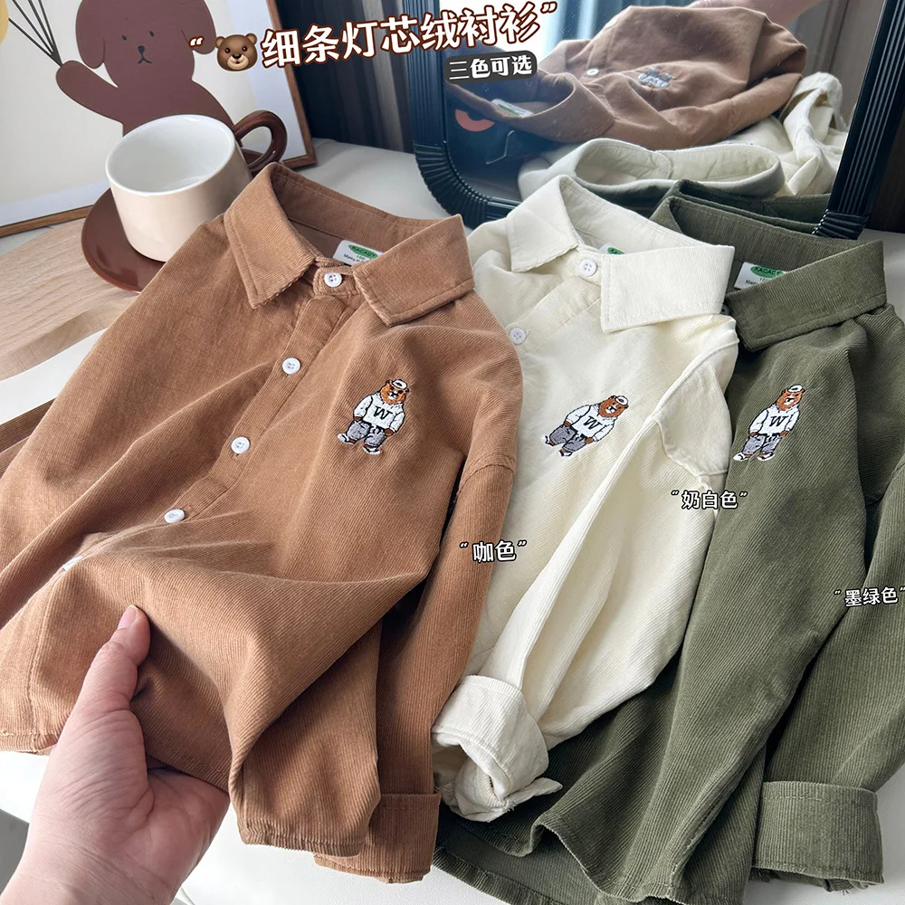 2024 Autumn Boys Casual Embroidery Bear Long Sleeve Corduroy Blouse 3-10 Years Three Colors