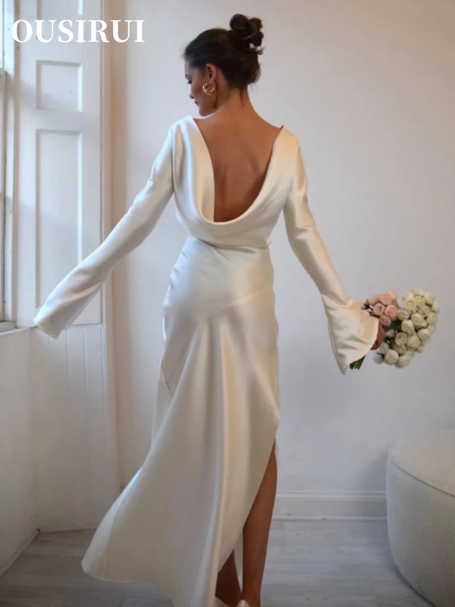 OUSIRbiomomis-Robe longue fendue dos nu pour femme, manches longues, satin monochrome, robes de soirée minces chics, robe de soirée élégante, automne