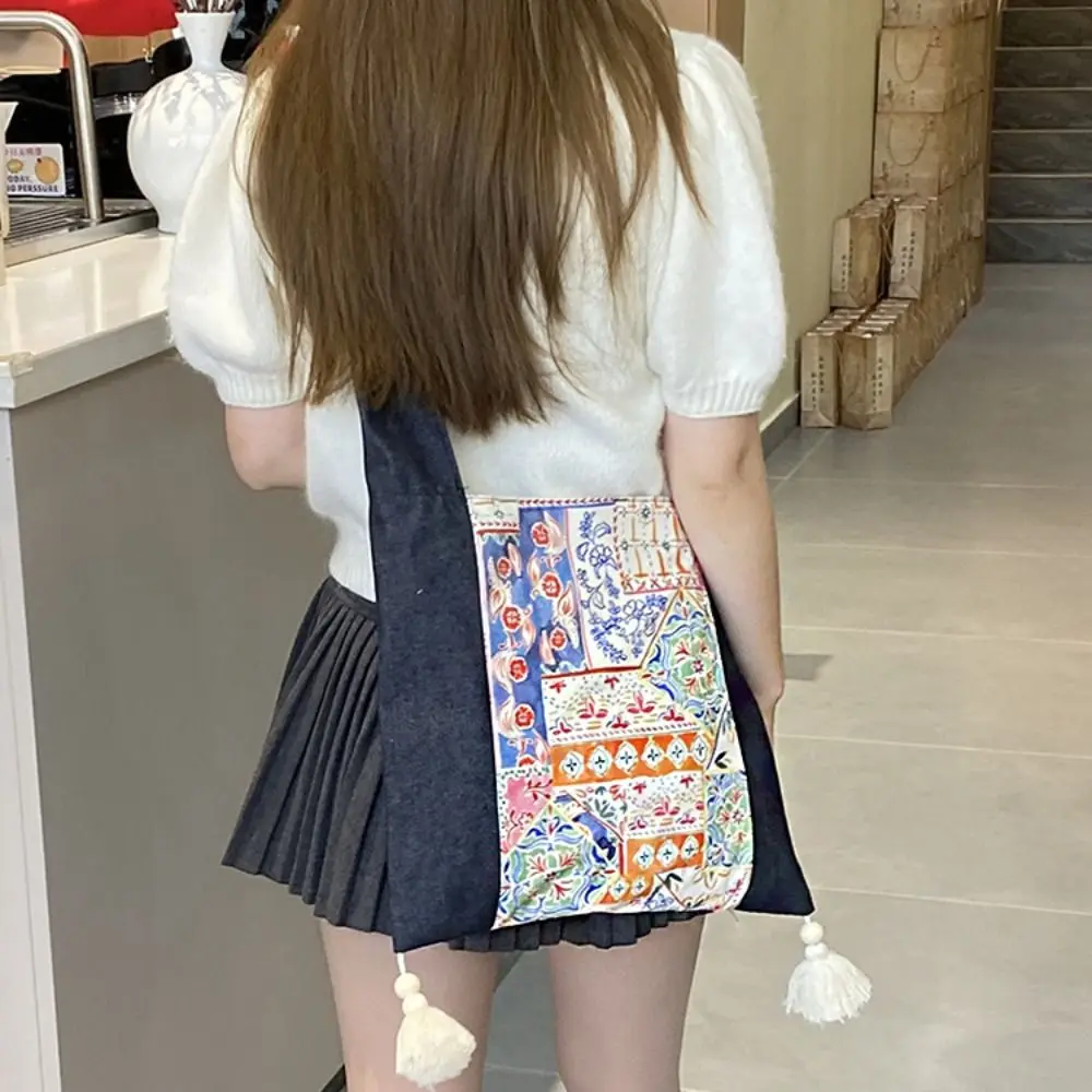 

Vintage Cloth Ethnic Style Crossbody Bags Tassel Retro Denim Shoulder Bag Printed Large Capacity Bohemian Messenger Bag Travel