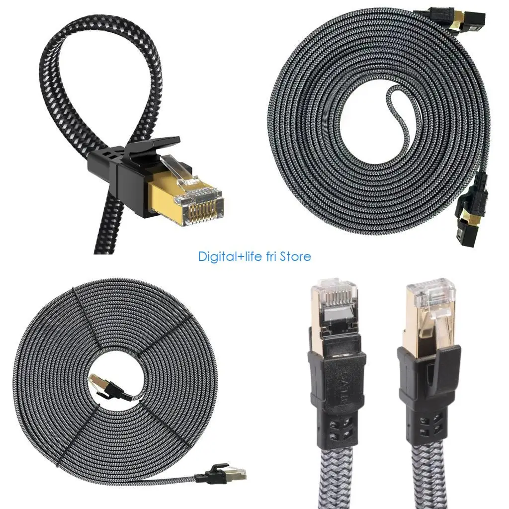 E06D Flat Braided Cat8 Networking Cable 40Gb 2000MHz for Servers Gaming Ethernet Cord