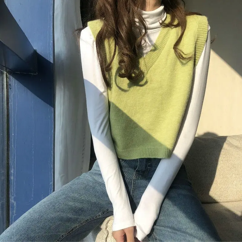 Korean Loose Solid Color Knitting Vest Tops Women Spring 2024 All-match Preppy Style V-neck Multiple Colour Casual Sweater Vest