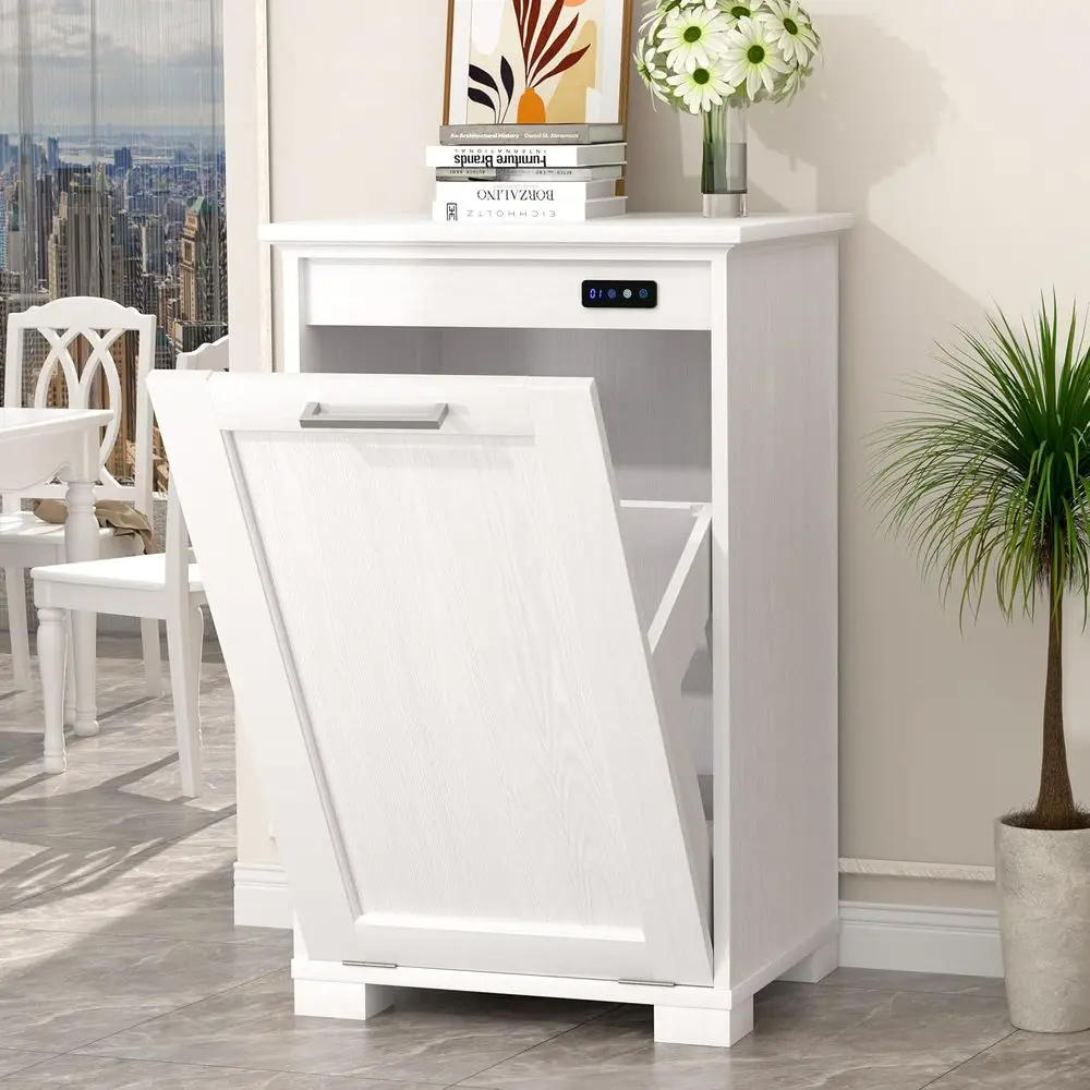 

10-Gallon Tilt-Out Trash Can with Deodorizing Feature, Wooden Freestanding Cabinet for Kitchen and Home, Hidden Laundry Hamper,