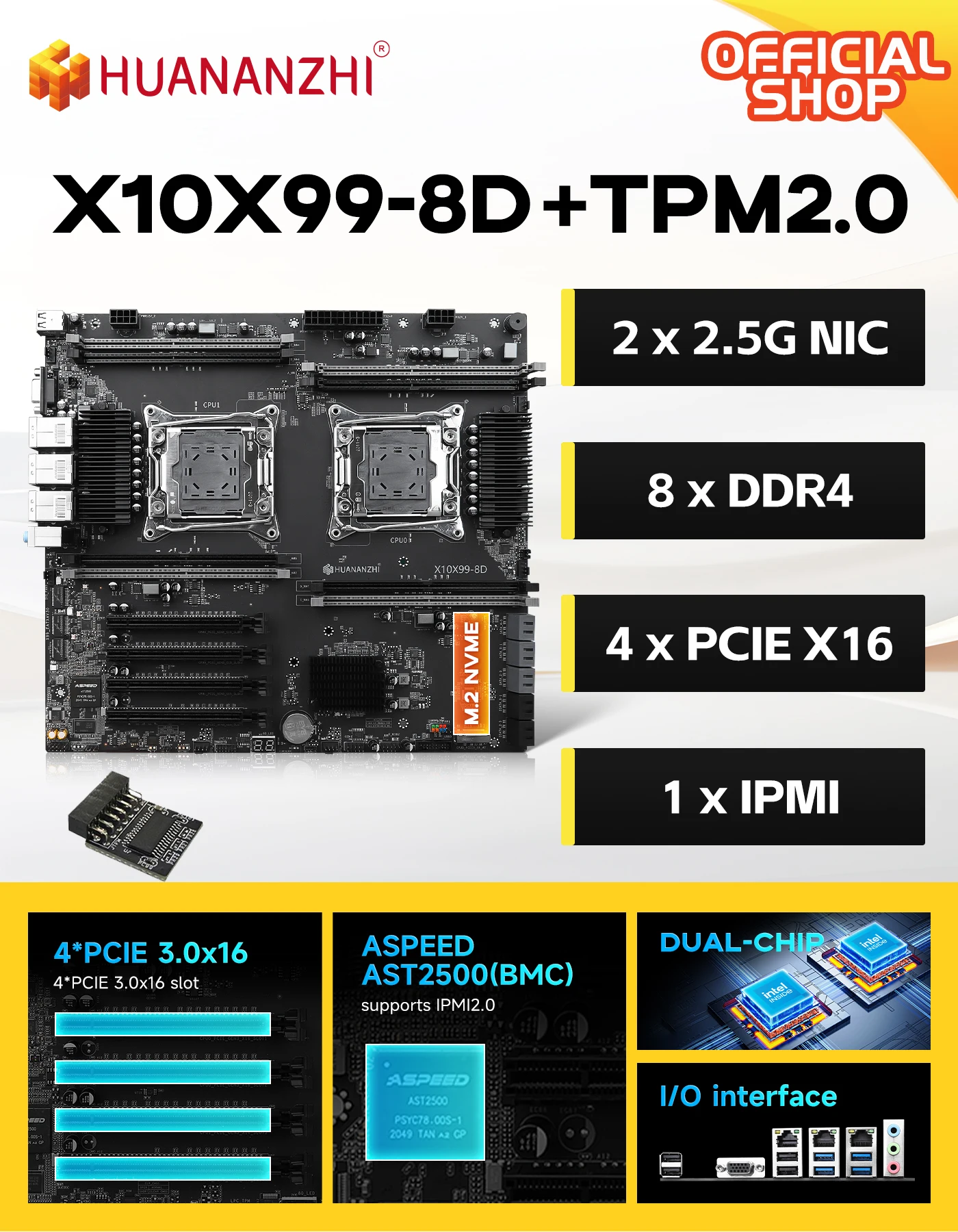 HUANANZHI X10X99-8D+TPM2.0 LGA 2011-3 Motherboard Kit C612 8*DDR4 2.5G Ethernet E-ATX