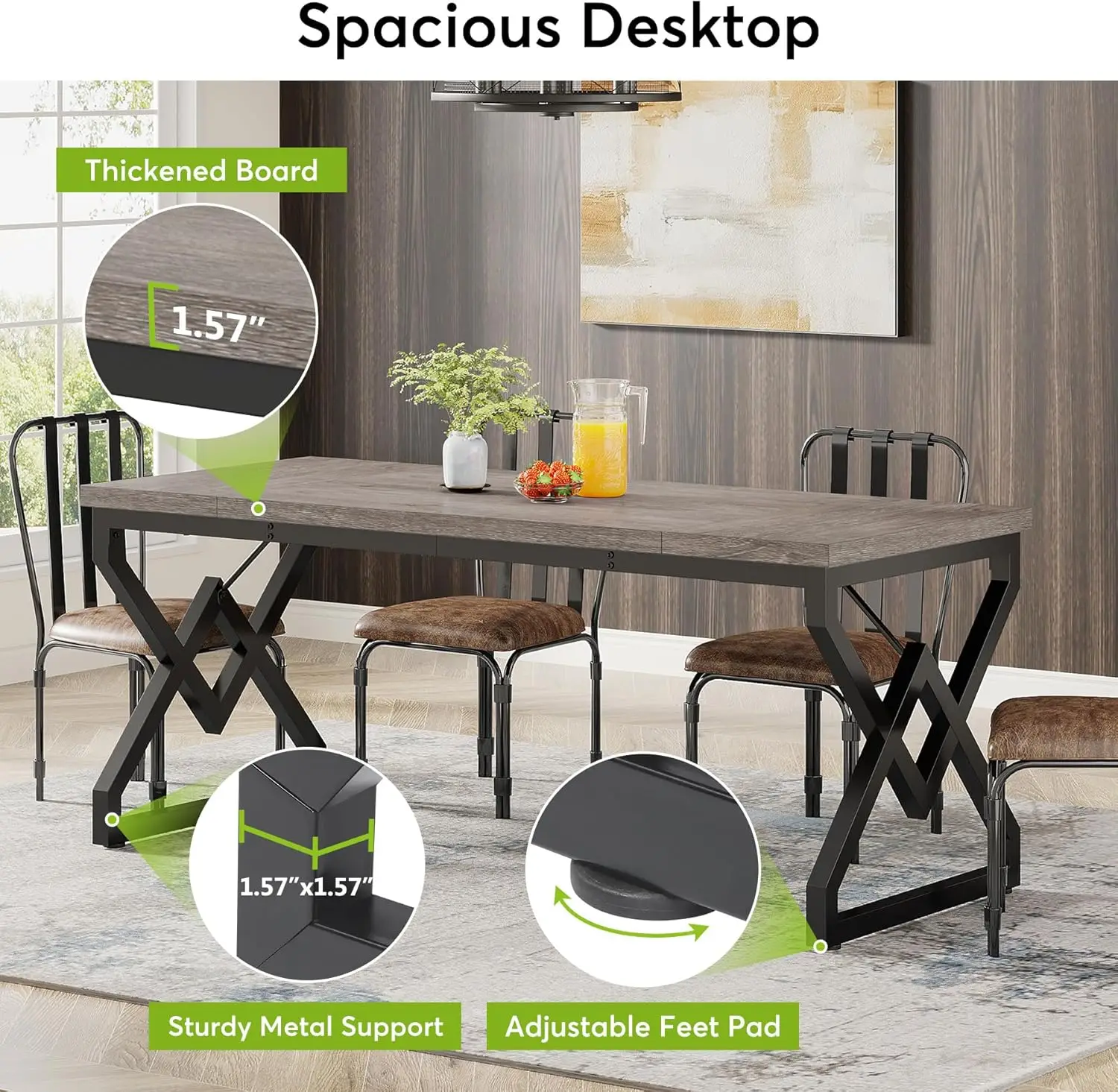 Large Office Computer Desk with Extra Thick Wooden Tabletop and Metal Frame, Modern Simple Workstation Writing Table Study Desk