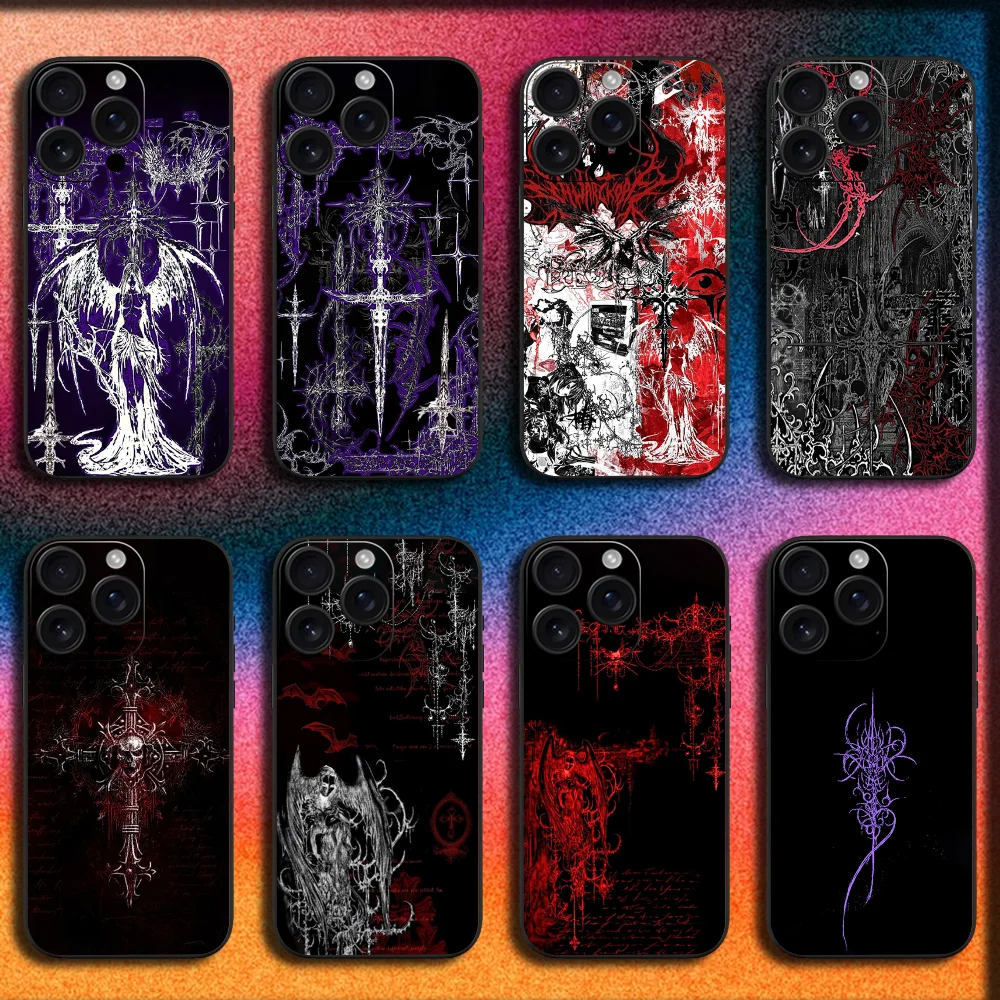 

Gothic Cyber Sigil Cross Phone Case For iPhone 16,15,14,13,12,11,Pro,XS,Max,XR,Plus,SE,Mini Soft Black Cover