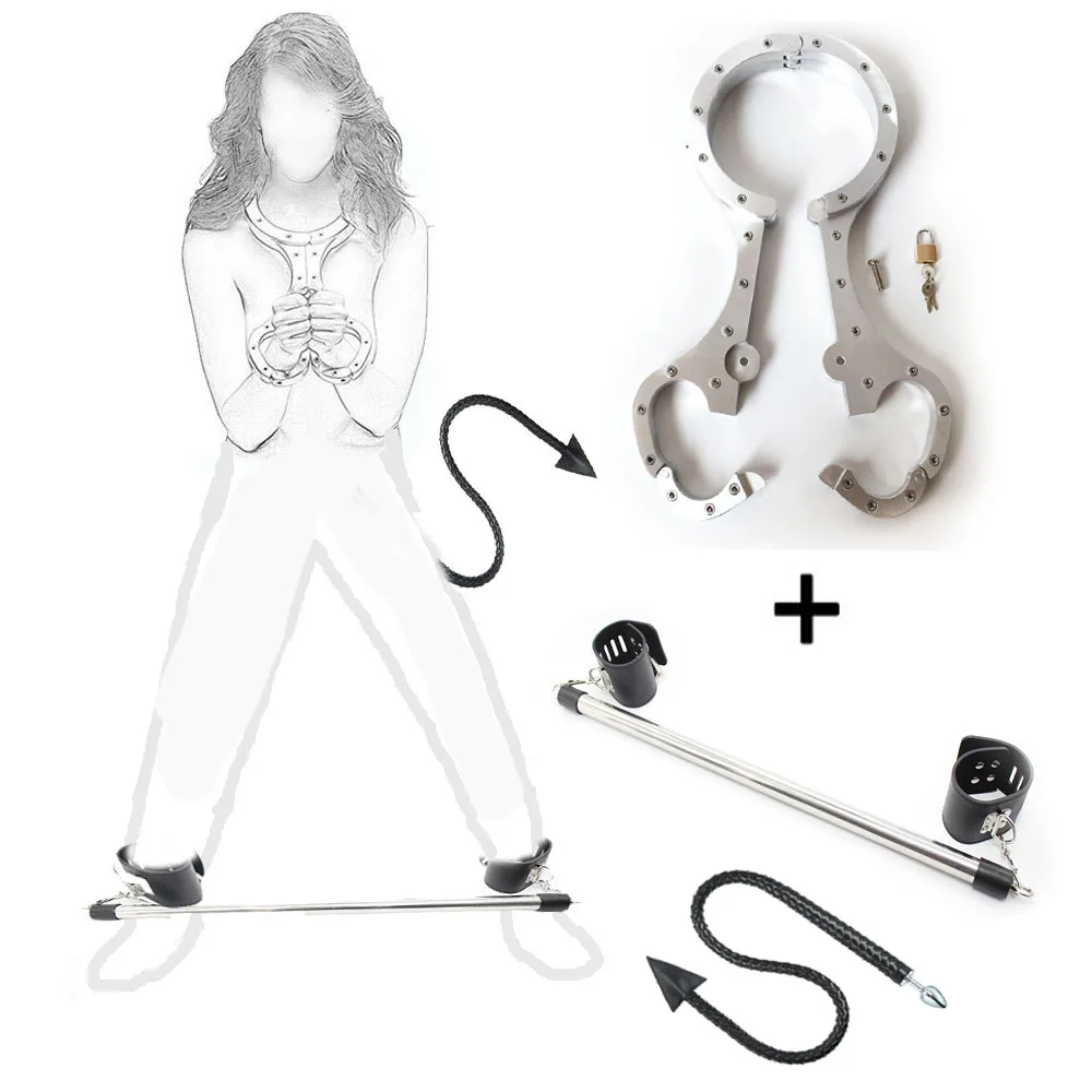 Cangue Yoke Pillory Stainless Steel Handcuffs Neck Collar Restraint Lock PU Leather Open Legs Ankle Cuffs Whip Slave Toy