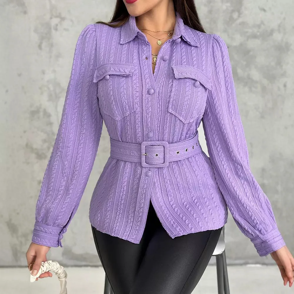 

Woman Shirt Long Sleeve 2024 Spring Textured Buttoned Flap Detail Puff Sleeve Casual Turn-Down Collar with Waistbelt Blouse