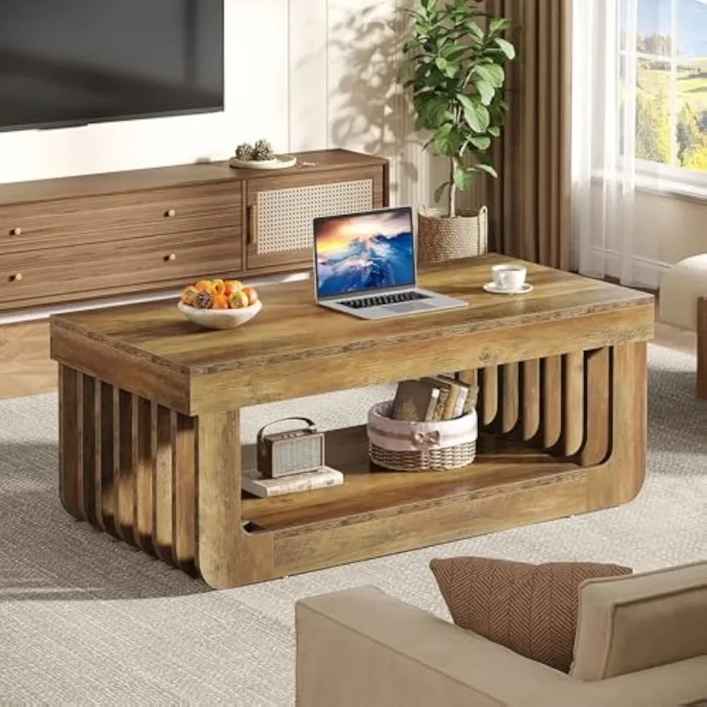 Farmhouse Coffee Table with Storage, 47-Inch Rectangle Living Room Tables, 2-Tier Cocktail Tea Table, Wooden Center T