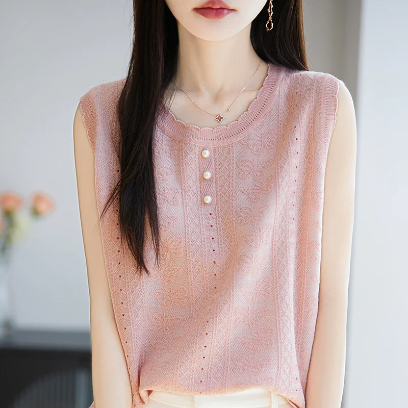 

T-shirt women's summer new wool knitted short sleeved vest casual solid color fashion O-neck top loose soft women's pullover