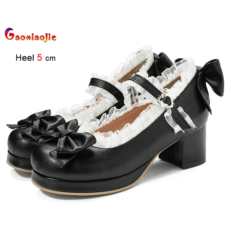 

New Sweet Lolita Ruffles Bowknot Lace White Pink Black Mid Heels 5cm Women Shoes Block Heels Strap Ladies Pumps Wedding Shoes