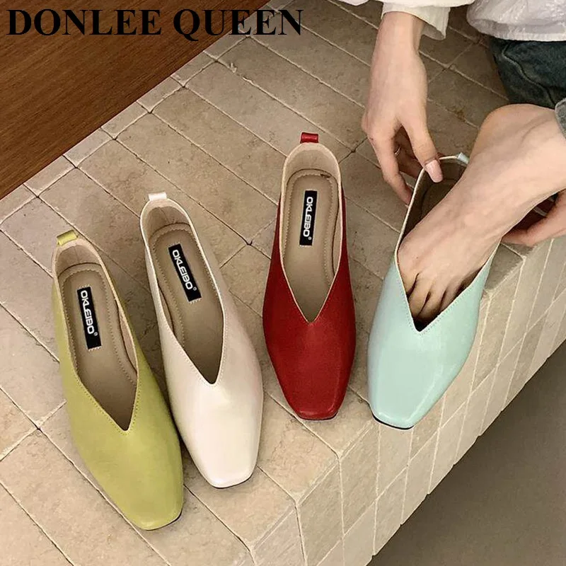 New Spring Flats Shoes Women Wooden Low Heel Ballet Square Toe Shallow Brand Shoe Slip On Loafer Soft Ballerina zapatos de mujer
