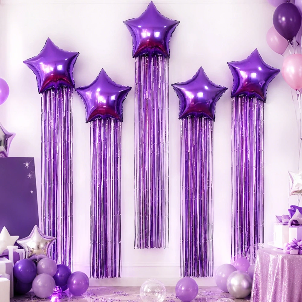 Conjunto de balões em formato de estrela de cinco pontas e cortina de franjas para festas de aniversário, casamentos, chás de bebê, decorações de festas.