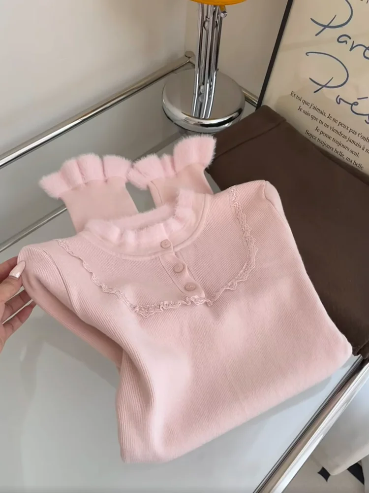 

Winter Long Sleeve Knitted Sweater Women's round Neck Lace Trim Self-Keeping Style Sweetlooking Soft Winter Fashion Straight Cut