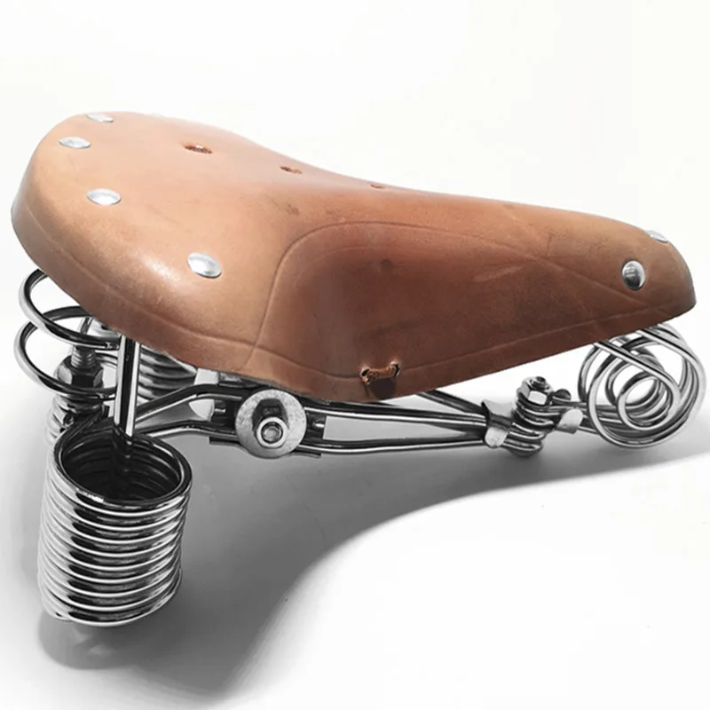 G46 Cycling Bicycle Saddle Vintage 100% Cowhide Saddle Reinforced Spring Metal Frame Old Style