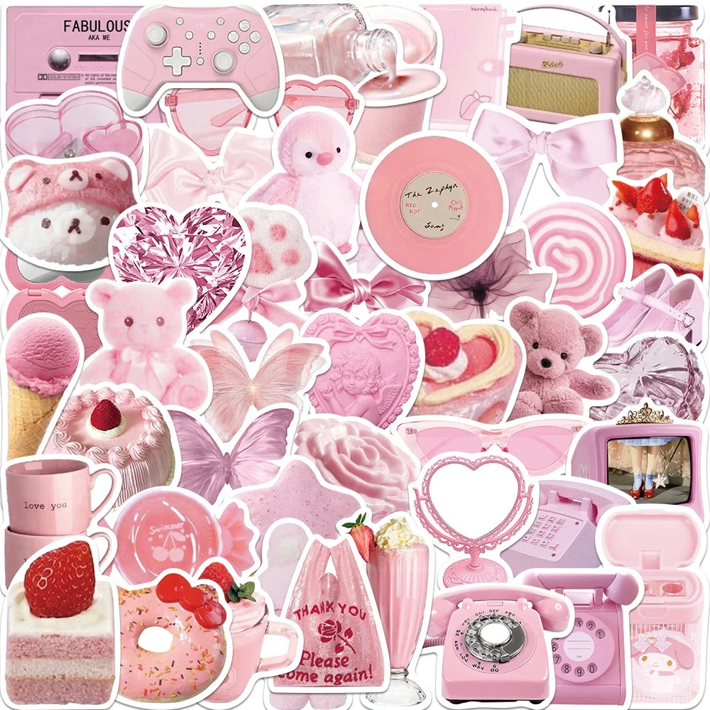 50Pcs Beautiful Kawaii korean Pink Heart Bear Stickers Decorative Luggage Notebook Waterproof Non-repeat Shiny Girl Stickers Toy