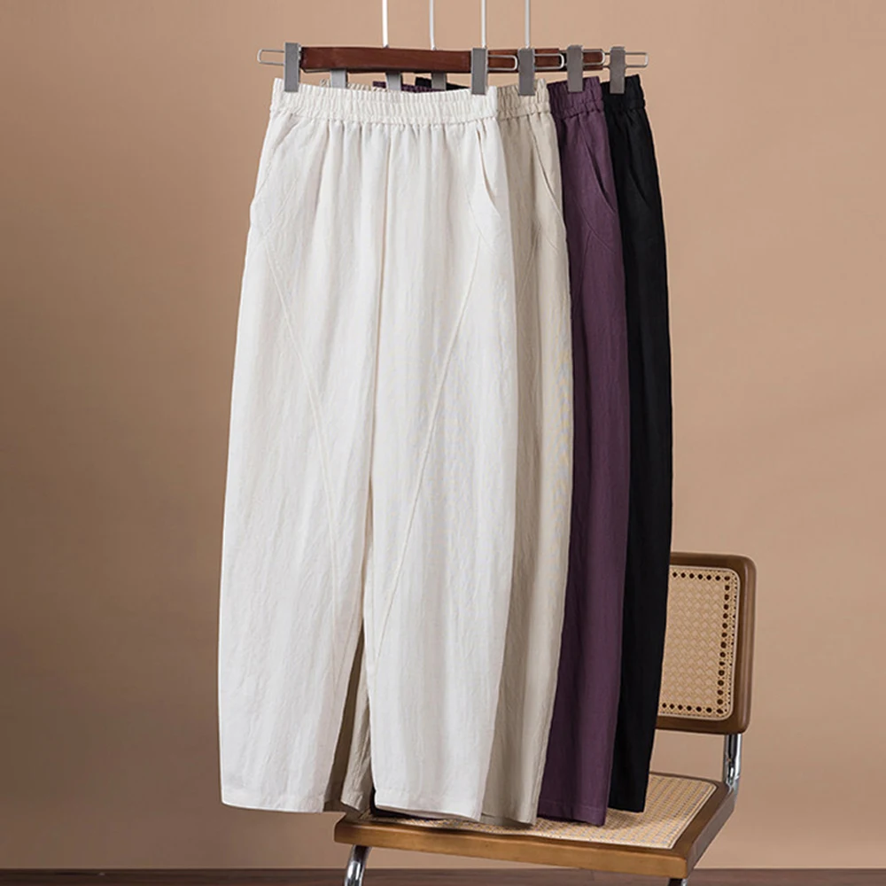 

European khaki linen pants women's summer new high-end fashion plus size loose elastic waist harem casual pants