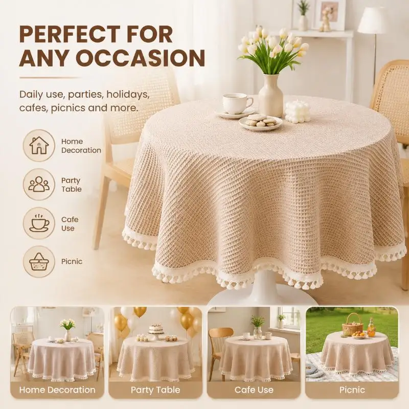 Waffle Weave Cotton Round Tablecloth Tassel Trim Washable Wrinkle Resistant For Dining Kitchen Coffee Table Decor