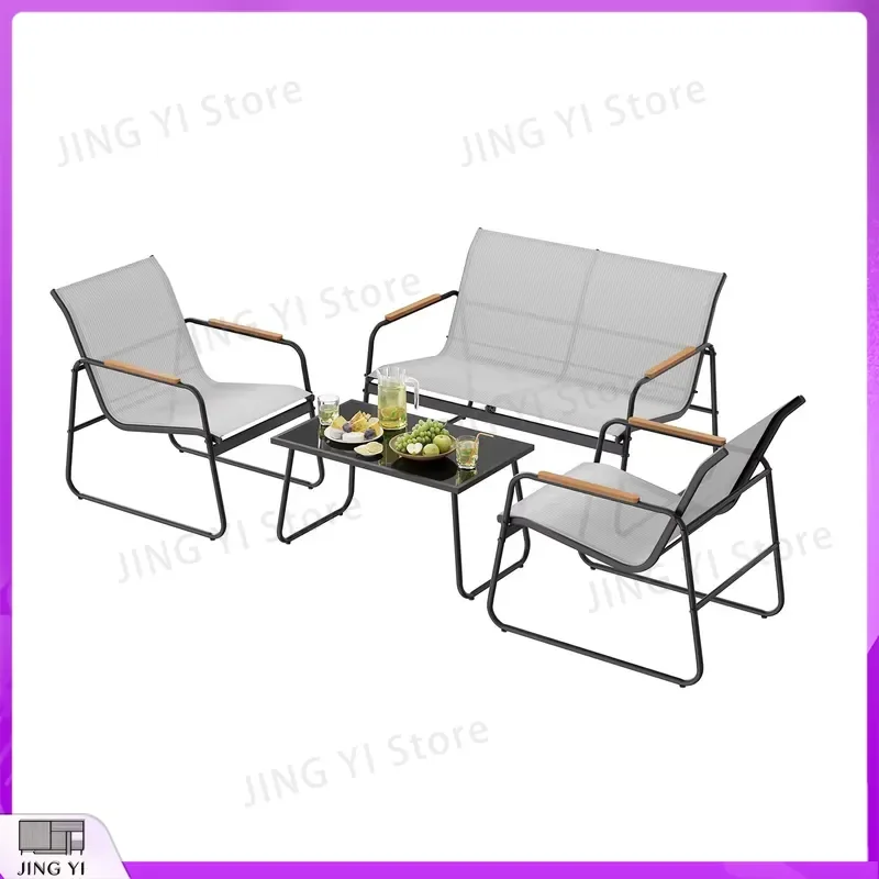 Outdoor Furniture Set Metal Garden Table with Two-Seater Sofa and 2 Armchairs Weatherproof Patio Balcony Seating Set